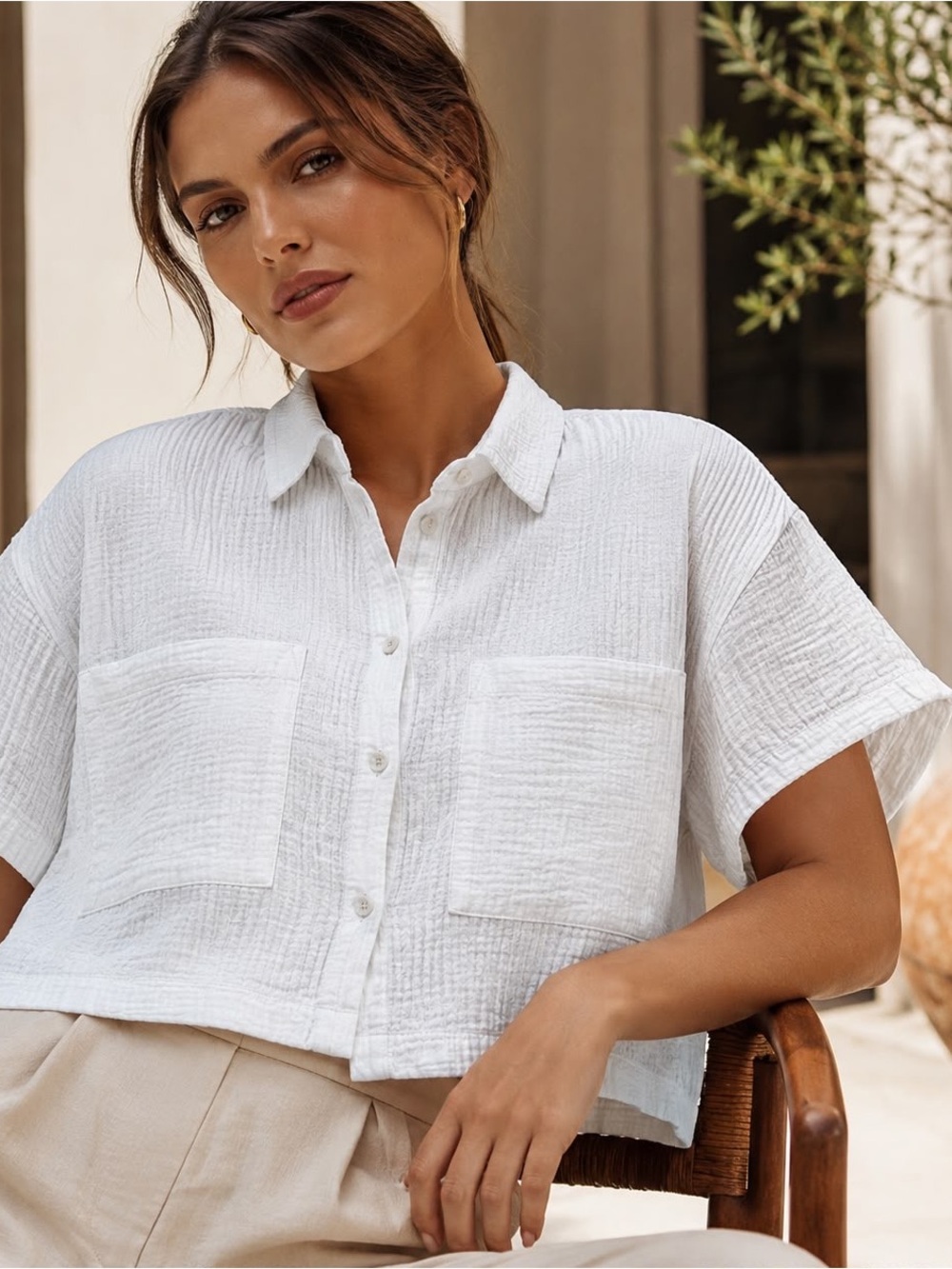 Madewell White Double Gauze Cropped Button Shirt Size M Cotton